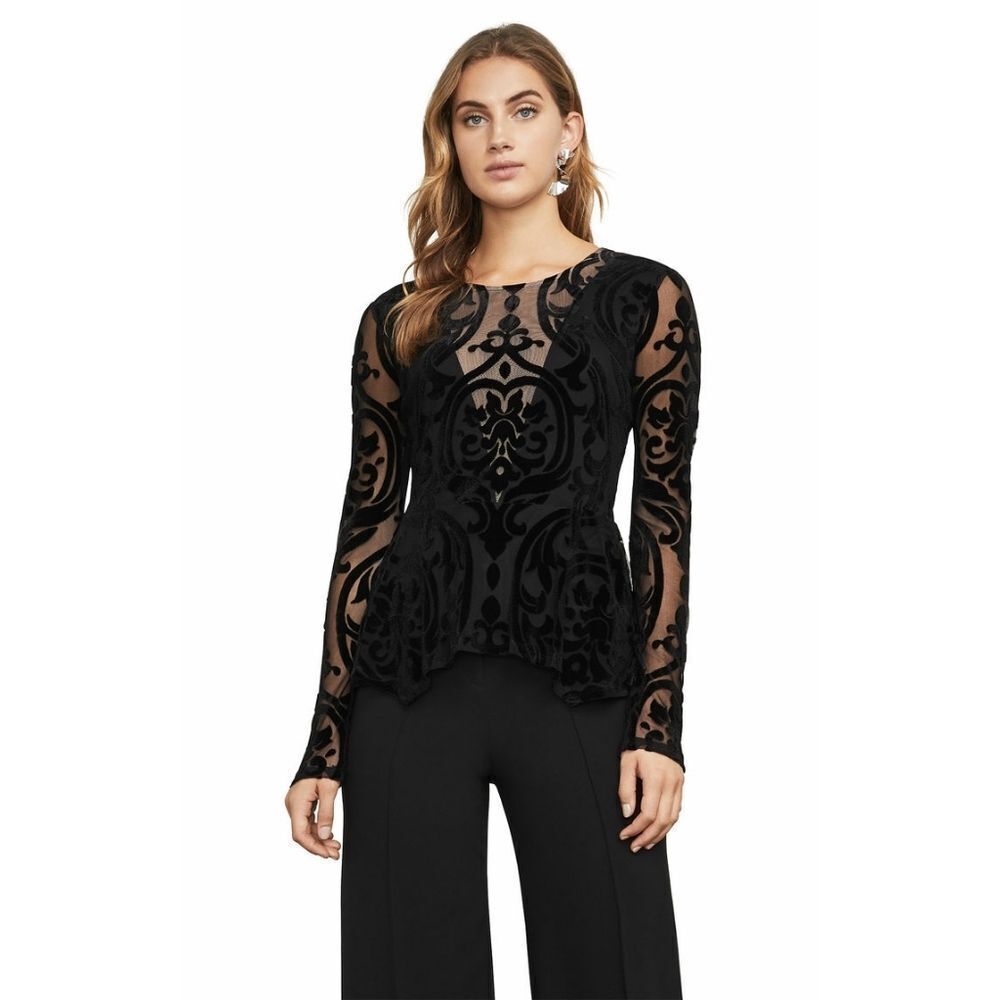 New! BCBGMAXAZRIA Women's Velvet Baroque Peplum Top Blouse Long Sleeve Black